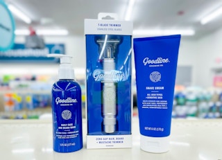 one Goodline shave cream, t blade trimmer, and beard and face wash