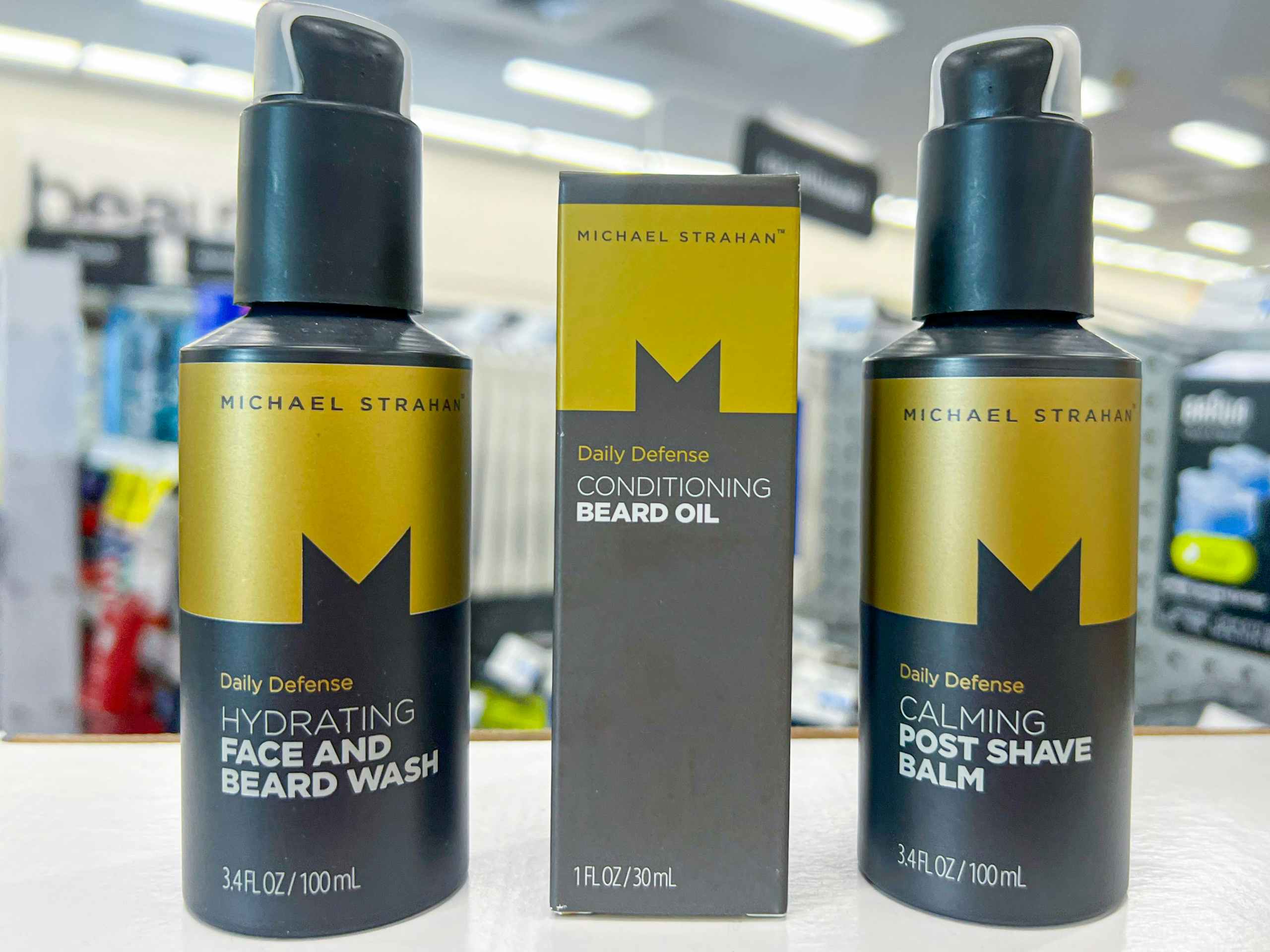 one box of Michael Strahan beard oil, one bottle of face and beard wash, and one bottle of post shave balm