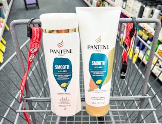 one bottle of Pantene shampoo and conditioner inside shopping cart