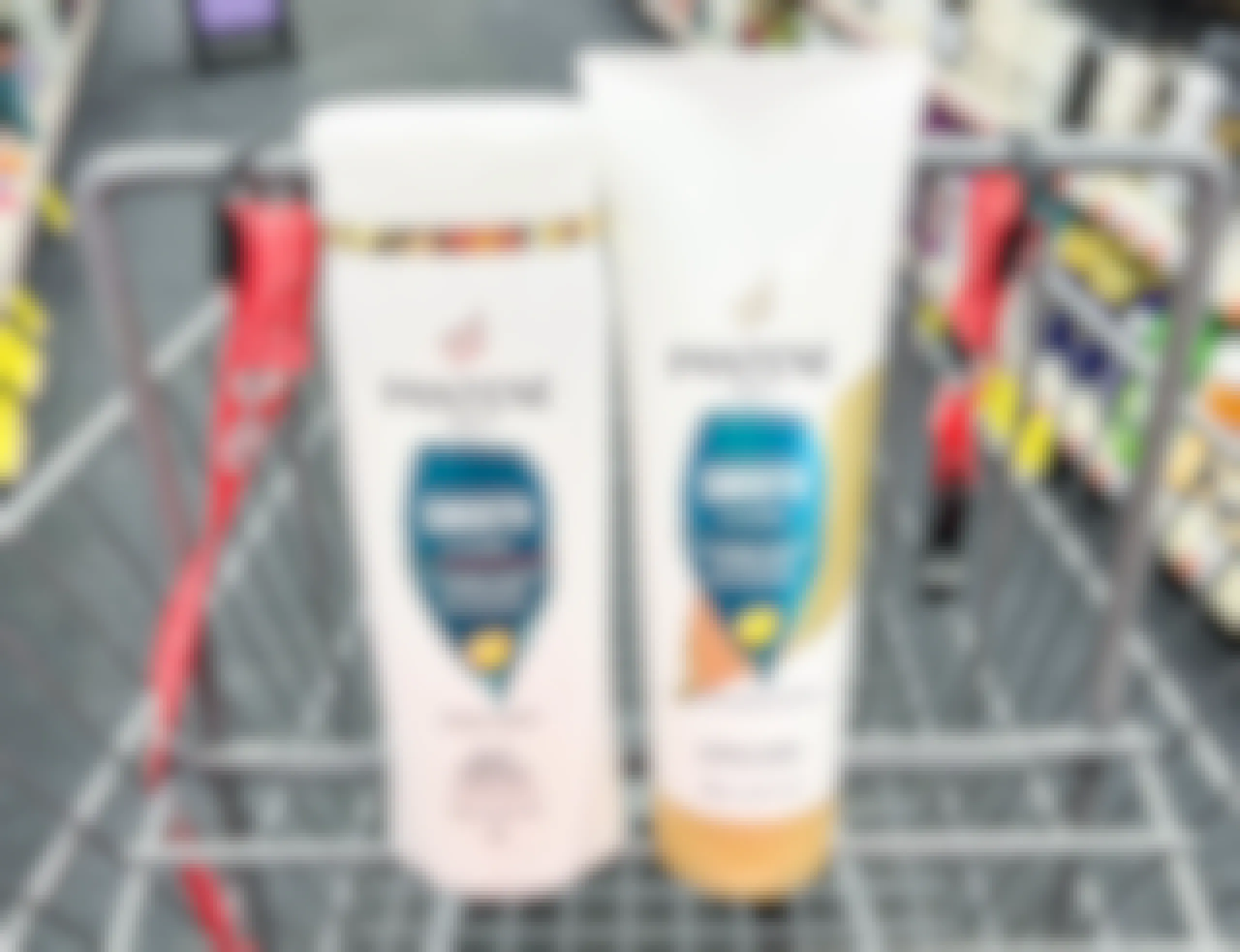 one bottle of Pantene shampoo and conditioner inside shopping cart