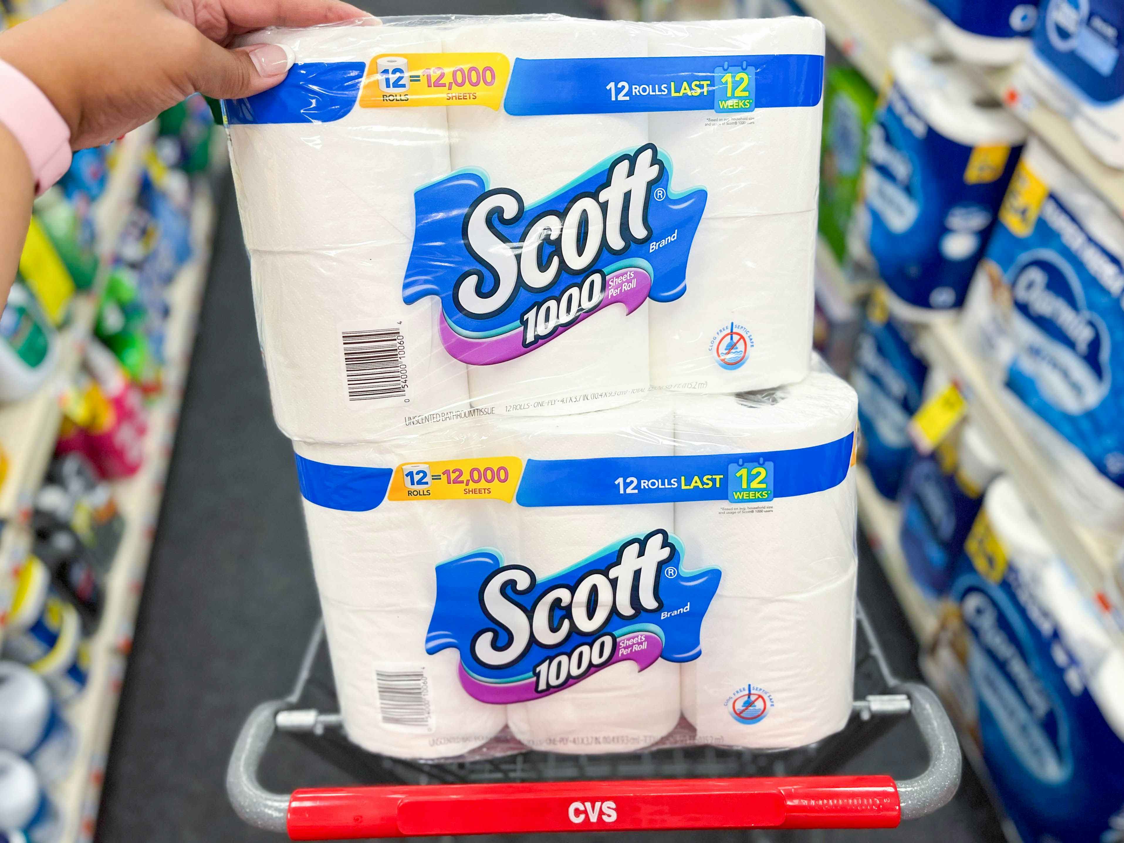 two packs of Scott toilet paper in shopping cart