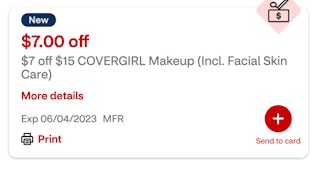 screenshot of $7 off $15 Covergirl makeup store coupon