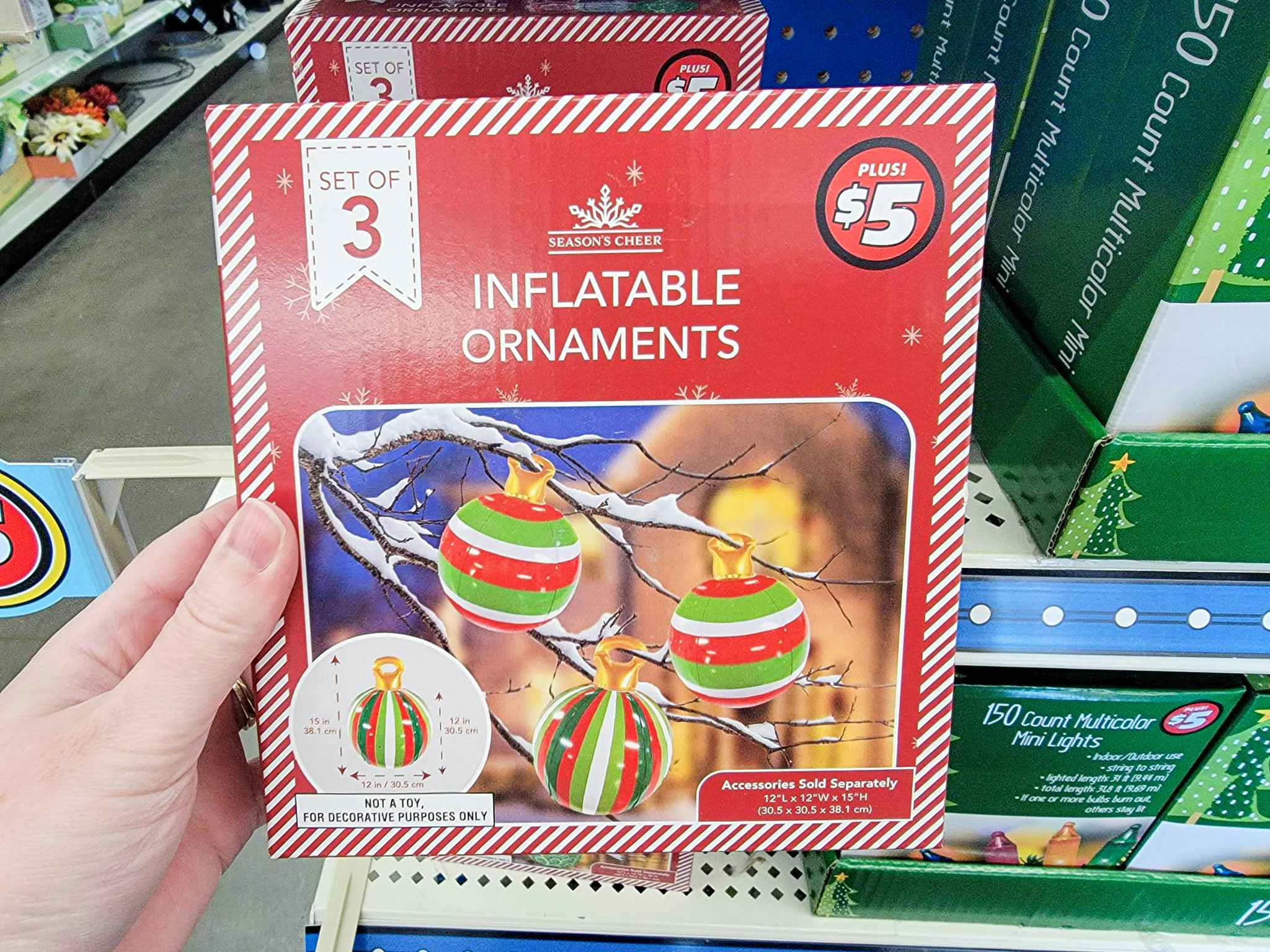 Hand holding a box of Dollar Tree Plus inflatable ornaments.