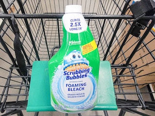 bottle of scrubbing bubbles foaming bleach in a cart