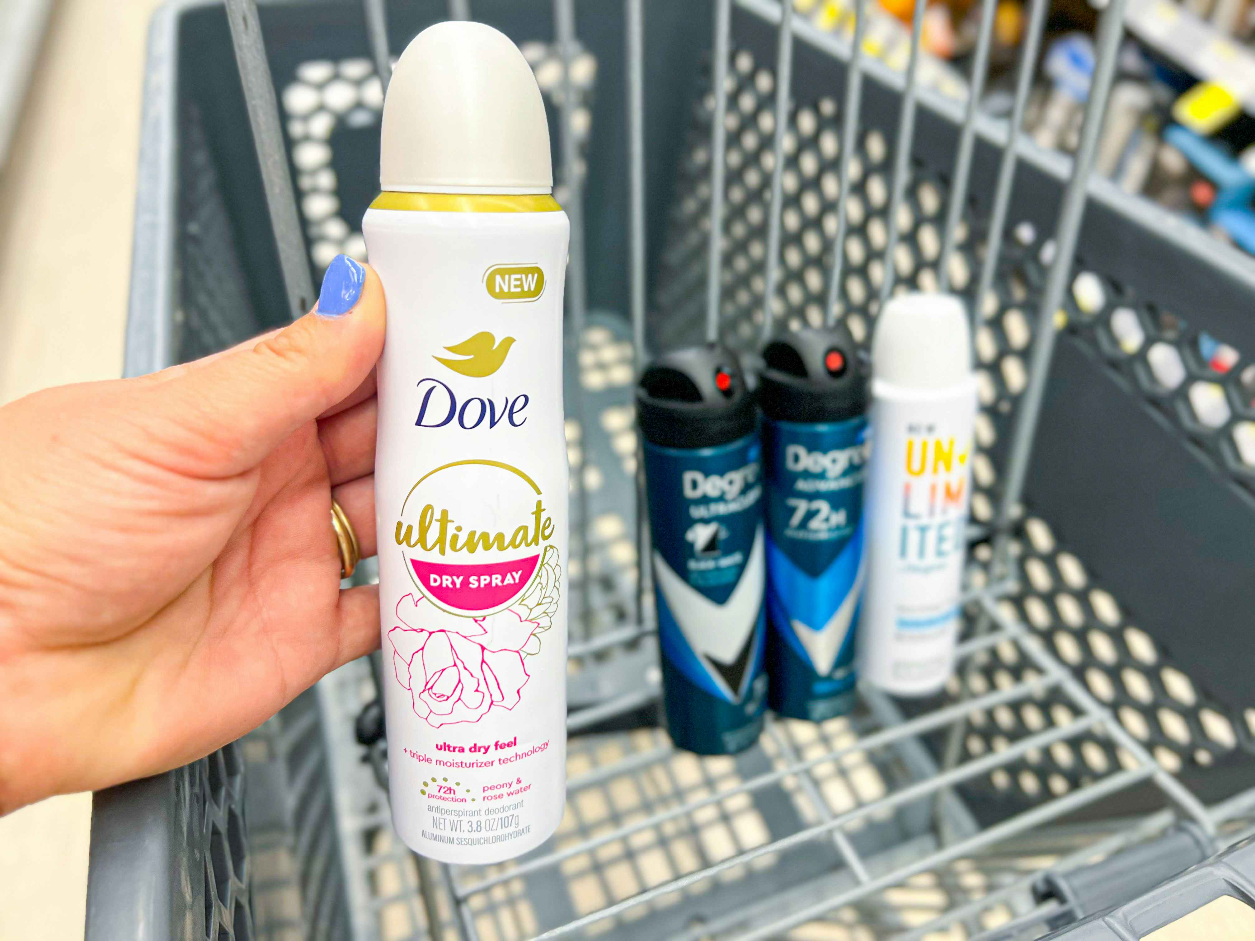 dove and degree dry spray deodorant in a cart