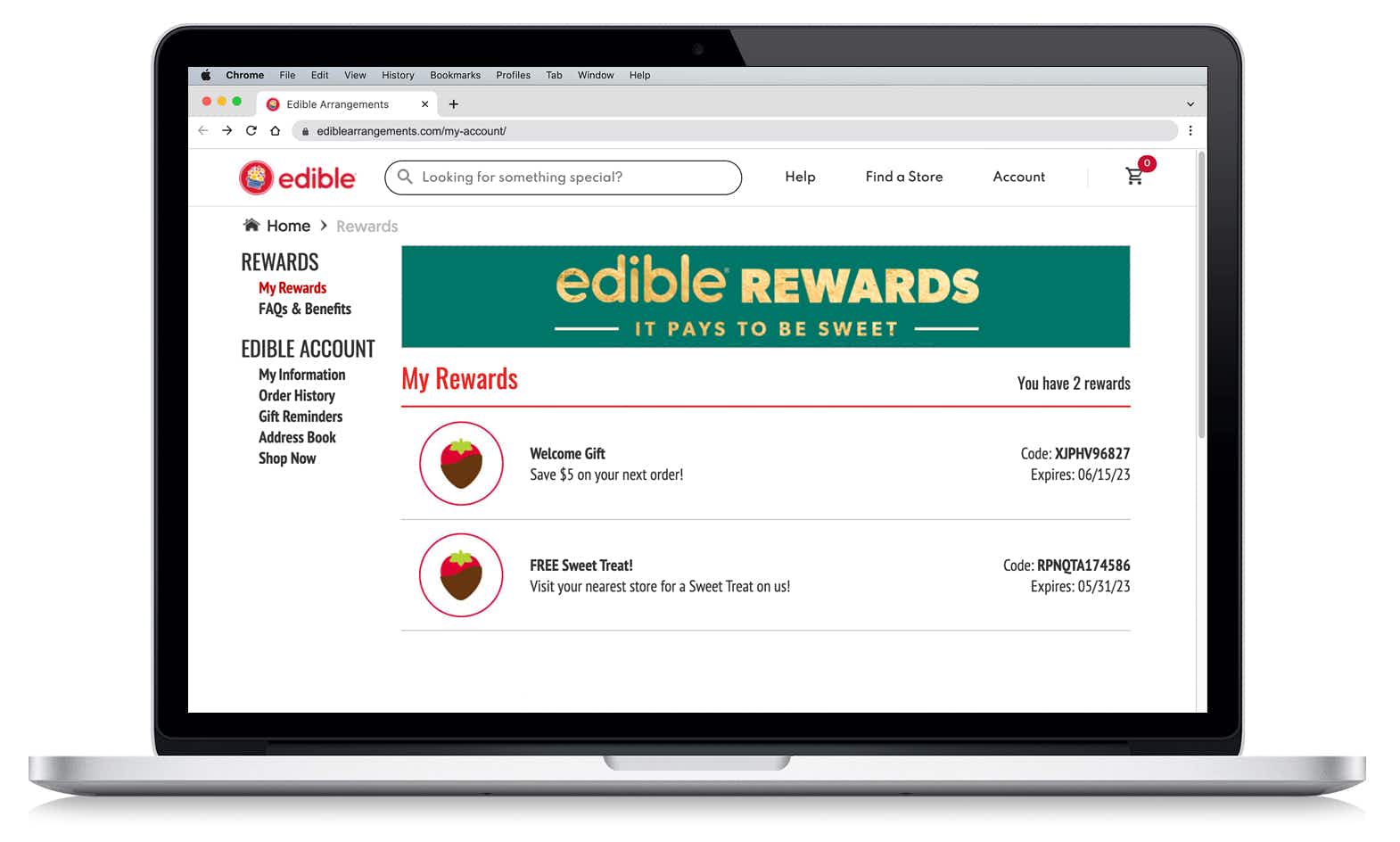 laptop with edible arrangements rewards page screenshot showing two rewards