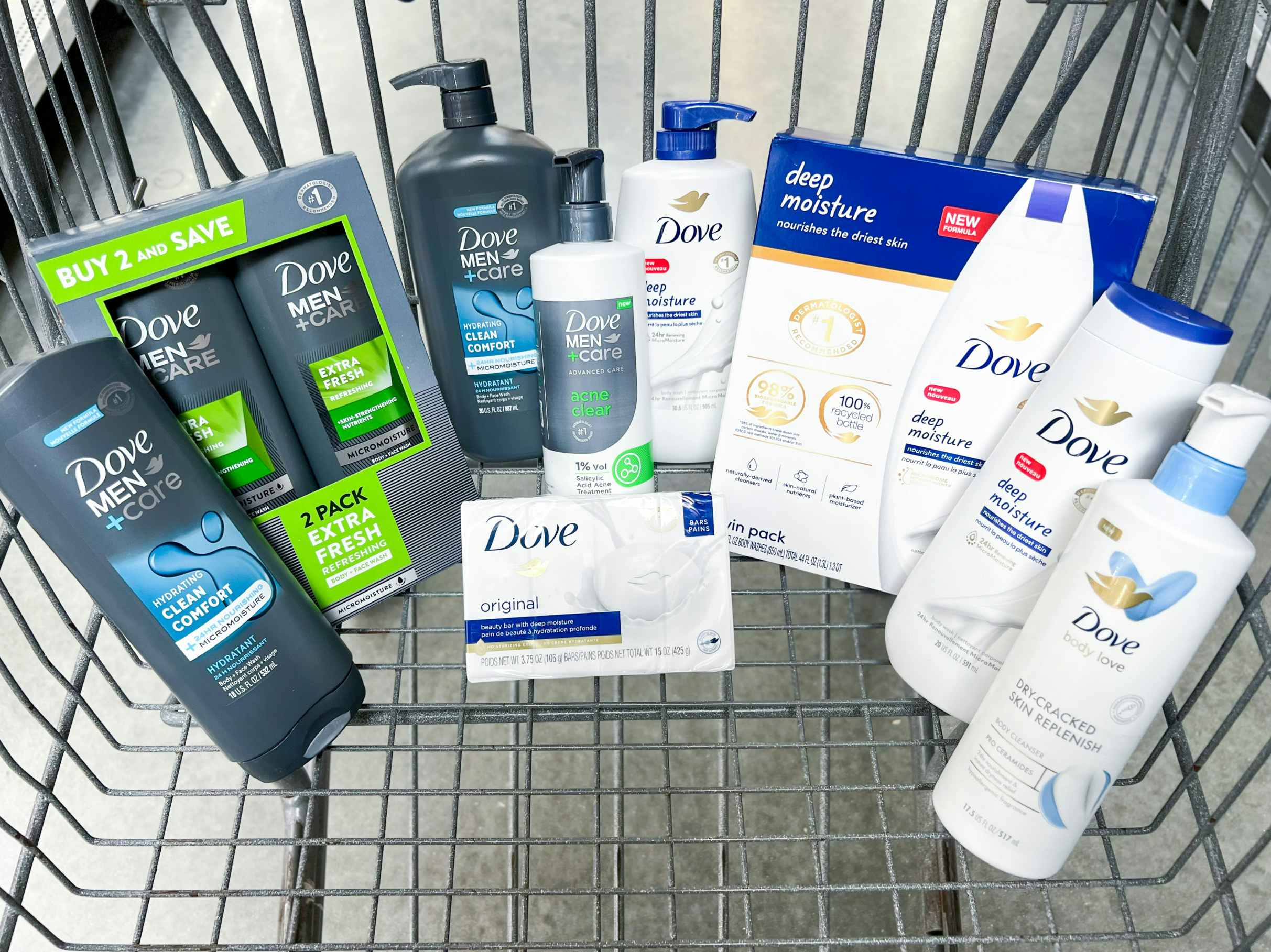 dove and dove men + care body wash, beauty bars soap, body love cleansers, in a cart