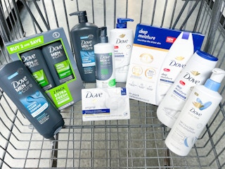 dove and dove men + care body wash, beauty bars soap, body love cleansers, in a cart