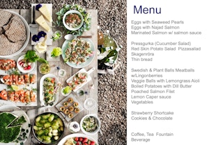a picture of the food being served at the ikea midsummer festival with the menu beside it. 