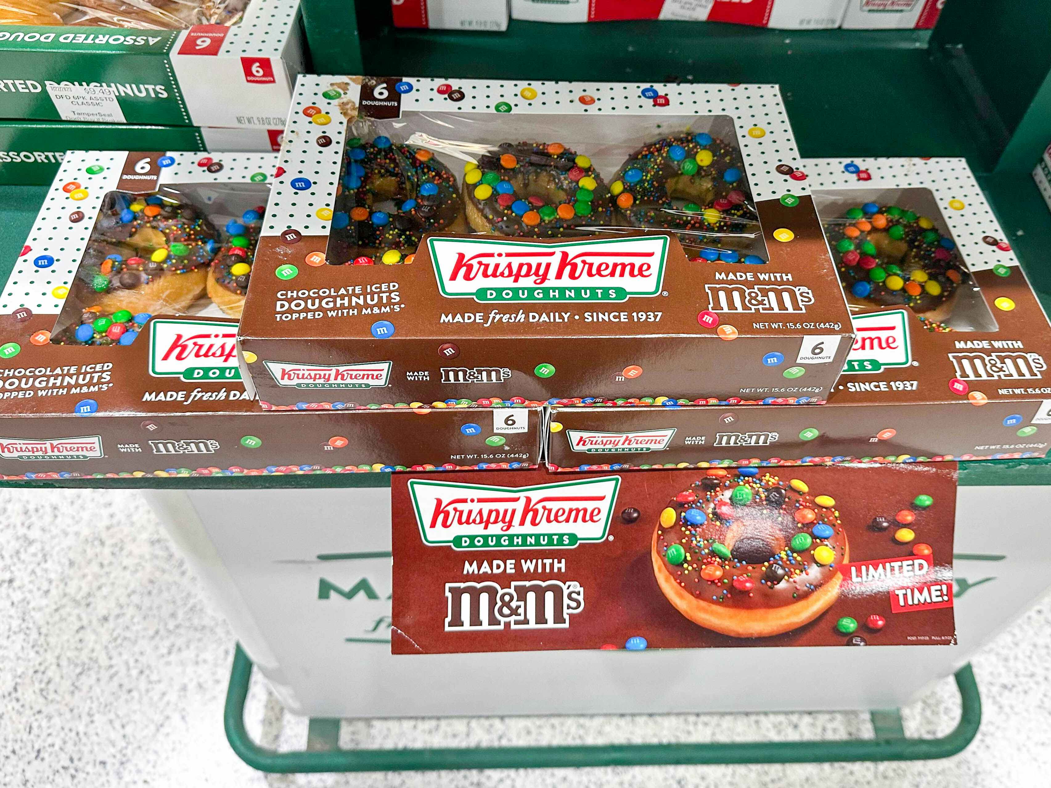 boxes of krispy kreme m&m donuts in store