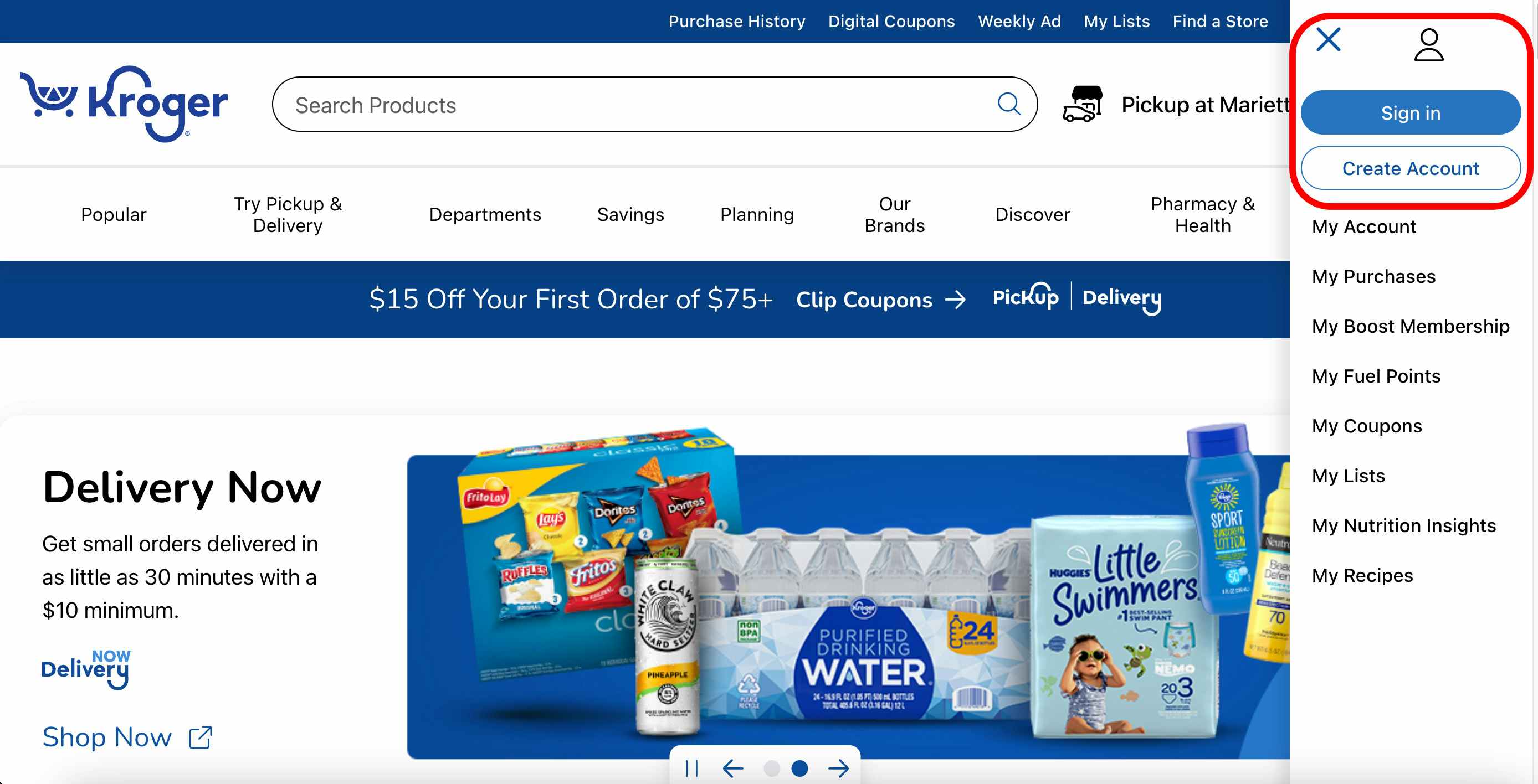A screenshot of the Kroger website showing where to sign in or create an account