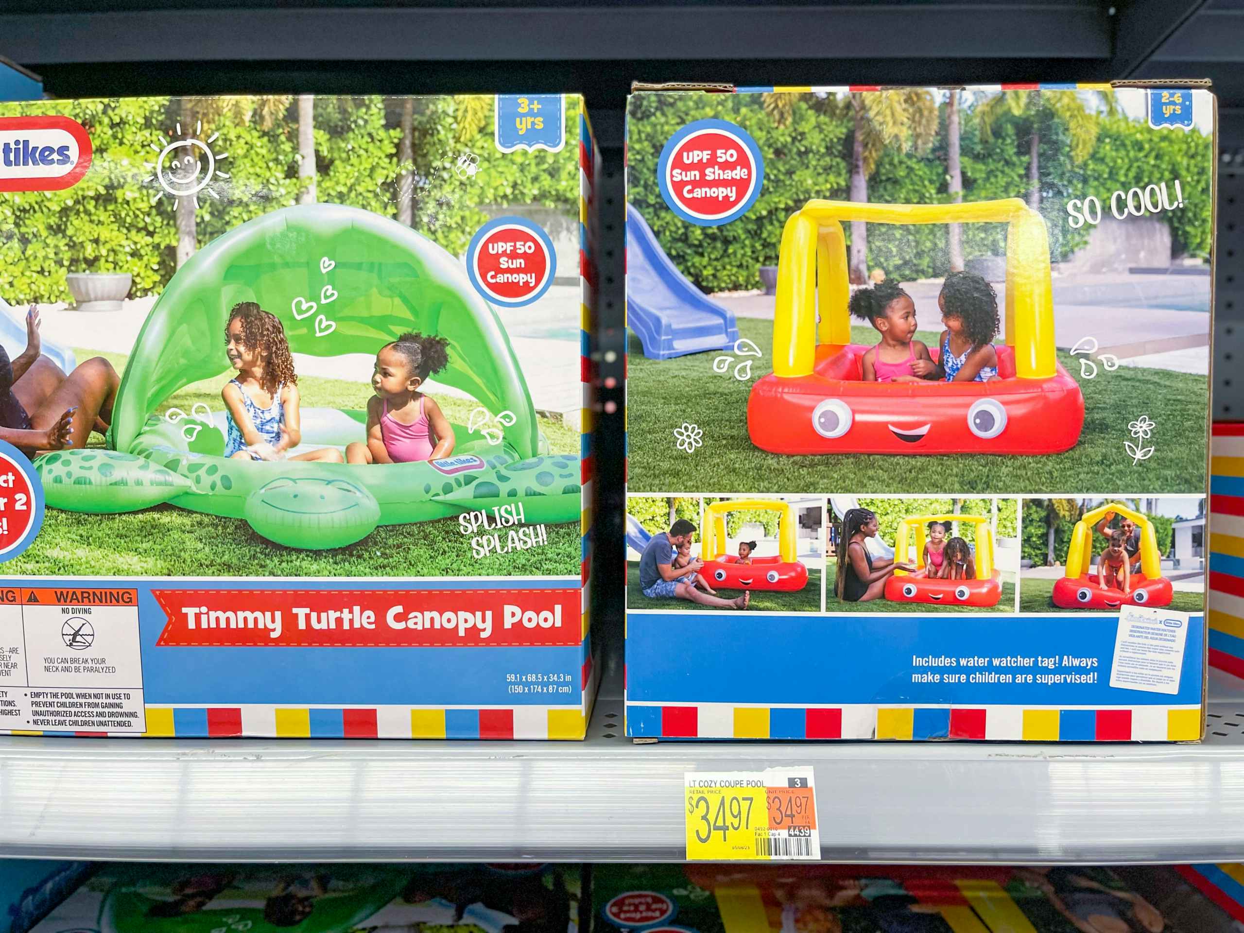 A variety of Little Tikes pools sitting on a store shelf.