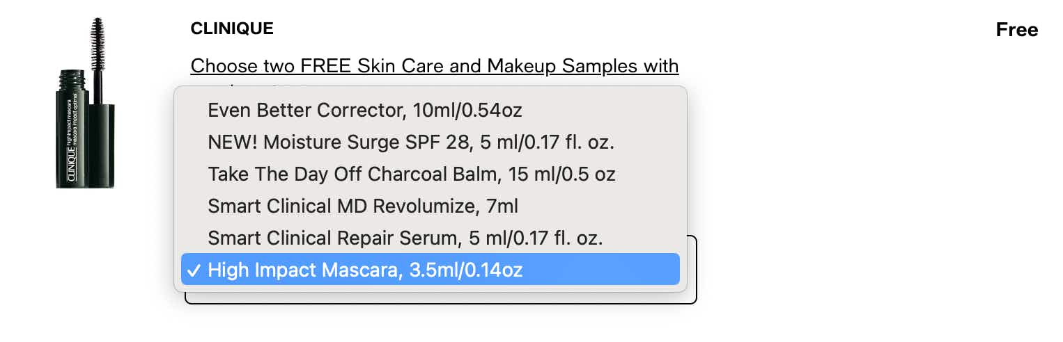 screenshot of clinique free gifts