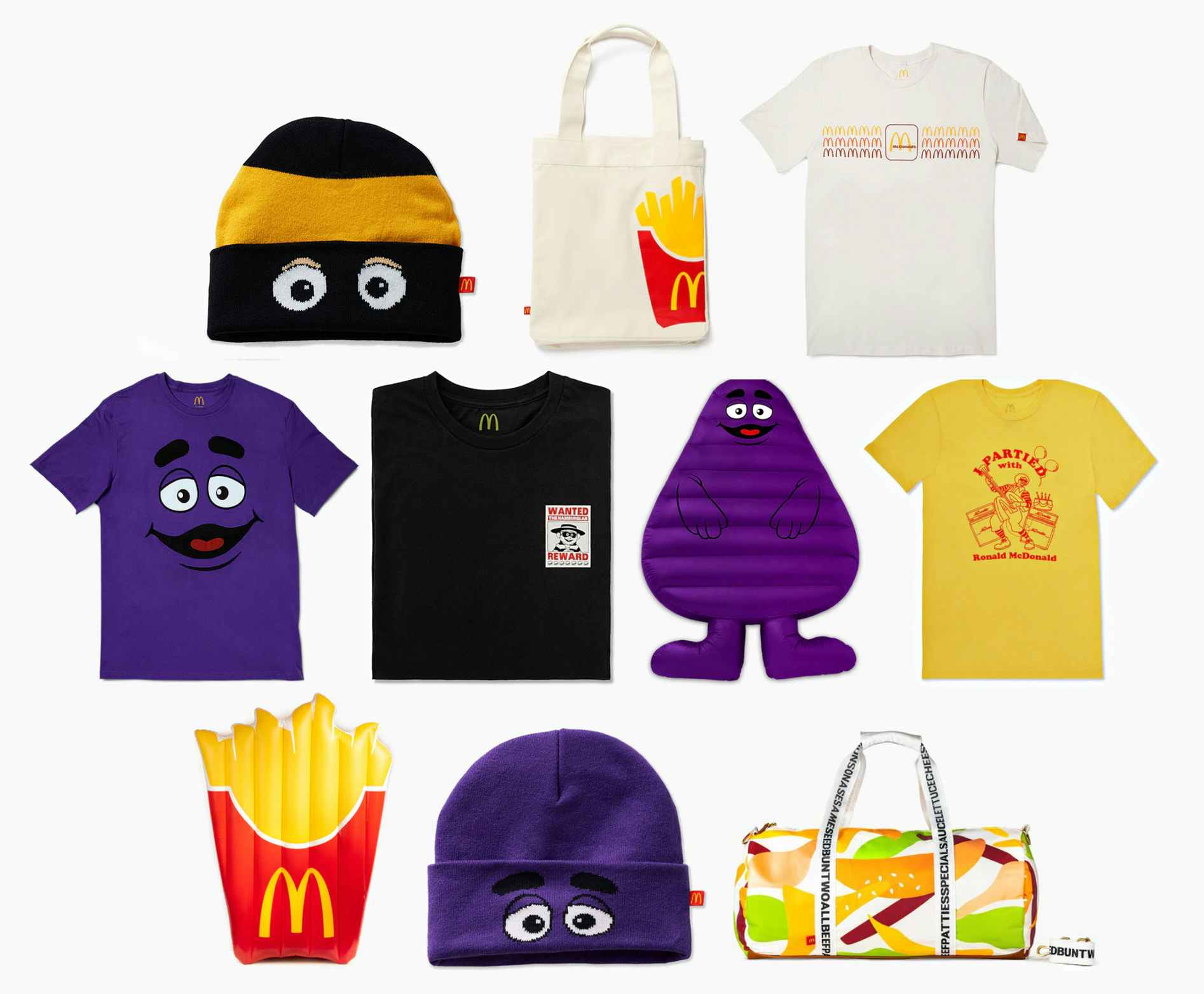 mcdonalds merch with shirts, beanies, totes, pool floaties, and a duffel bag
