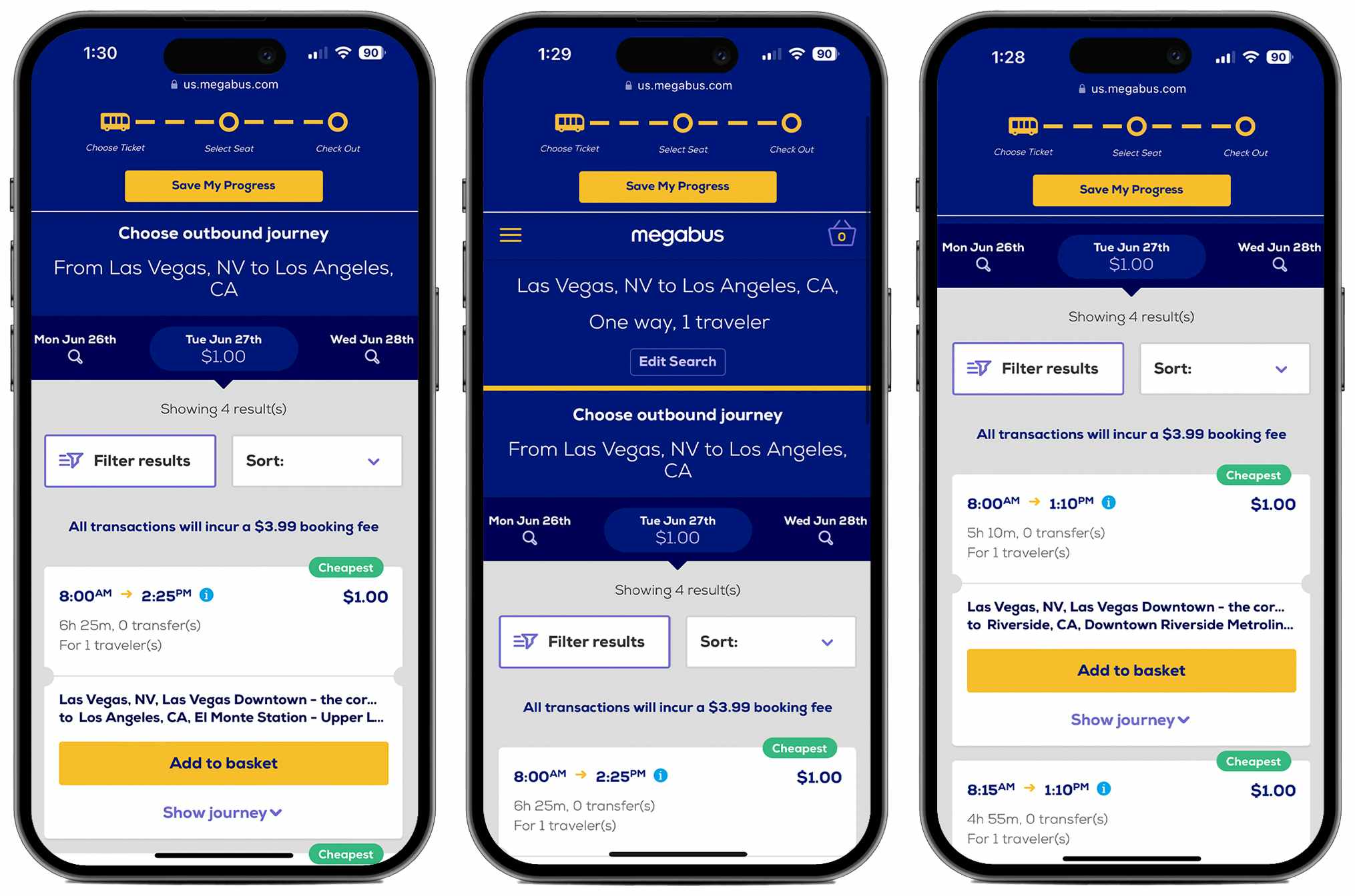 Three phones showing $1 Megabus tickets available for certain routes