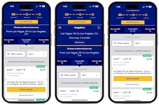 Three phones showing $1 Megabus tickets available for certain routes
