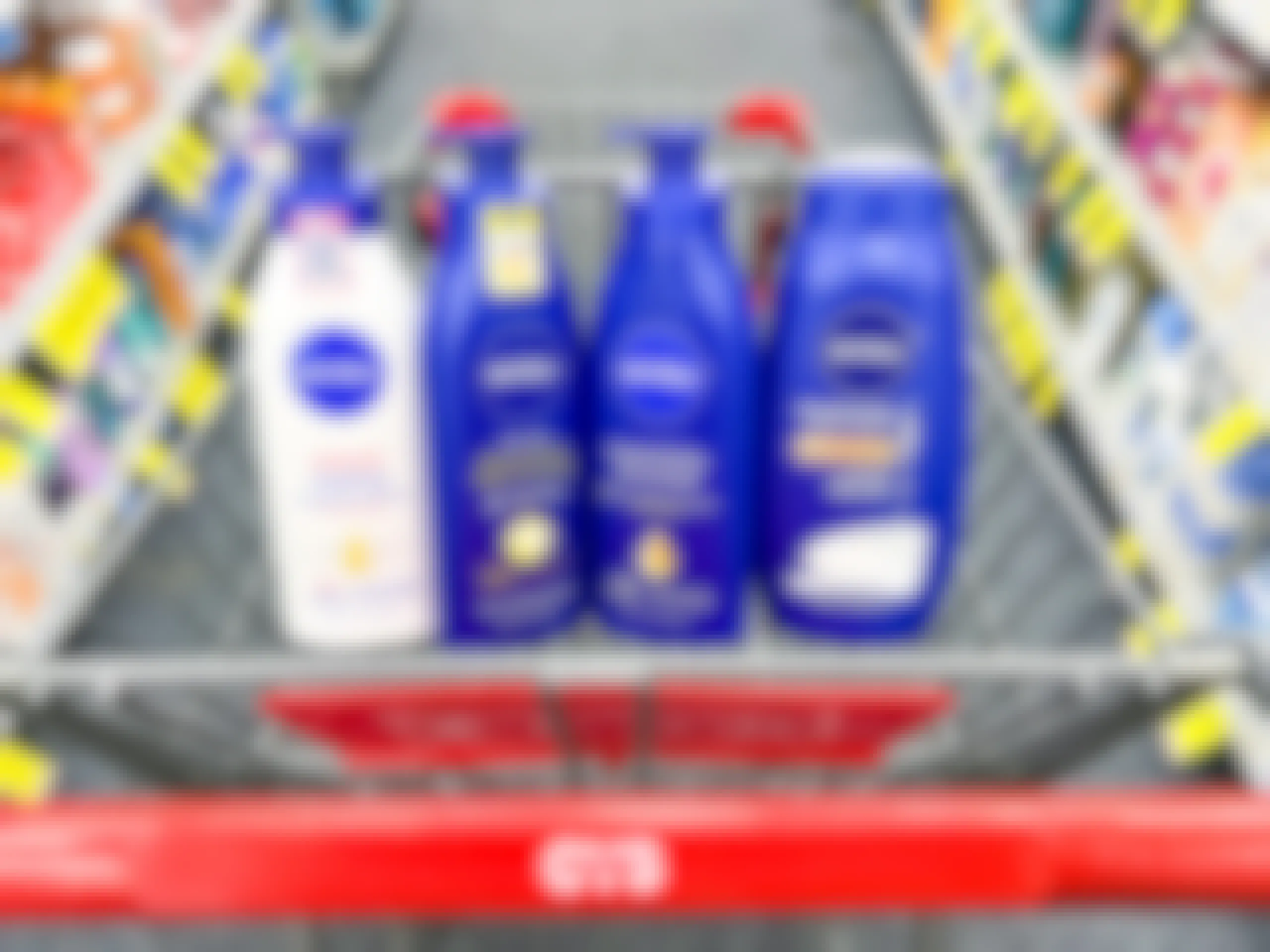 bottles of nivea lotion and body wash in a cvs cart