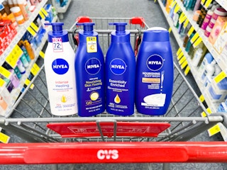 bottles of nivea lotion and body wash in a cvs cart