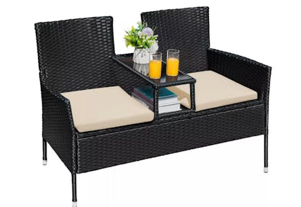 Wicker Loveseat with Cushions in 4 Colors & Built-in Coffee Table