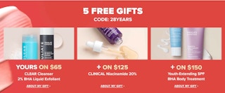 The free gifts offered with different levels of purchase amounts for the Paula's Choice anniversary sale