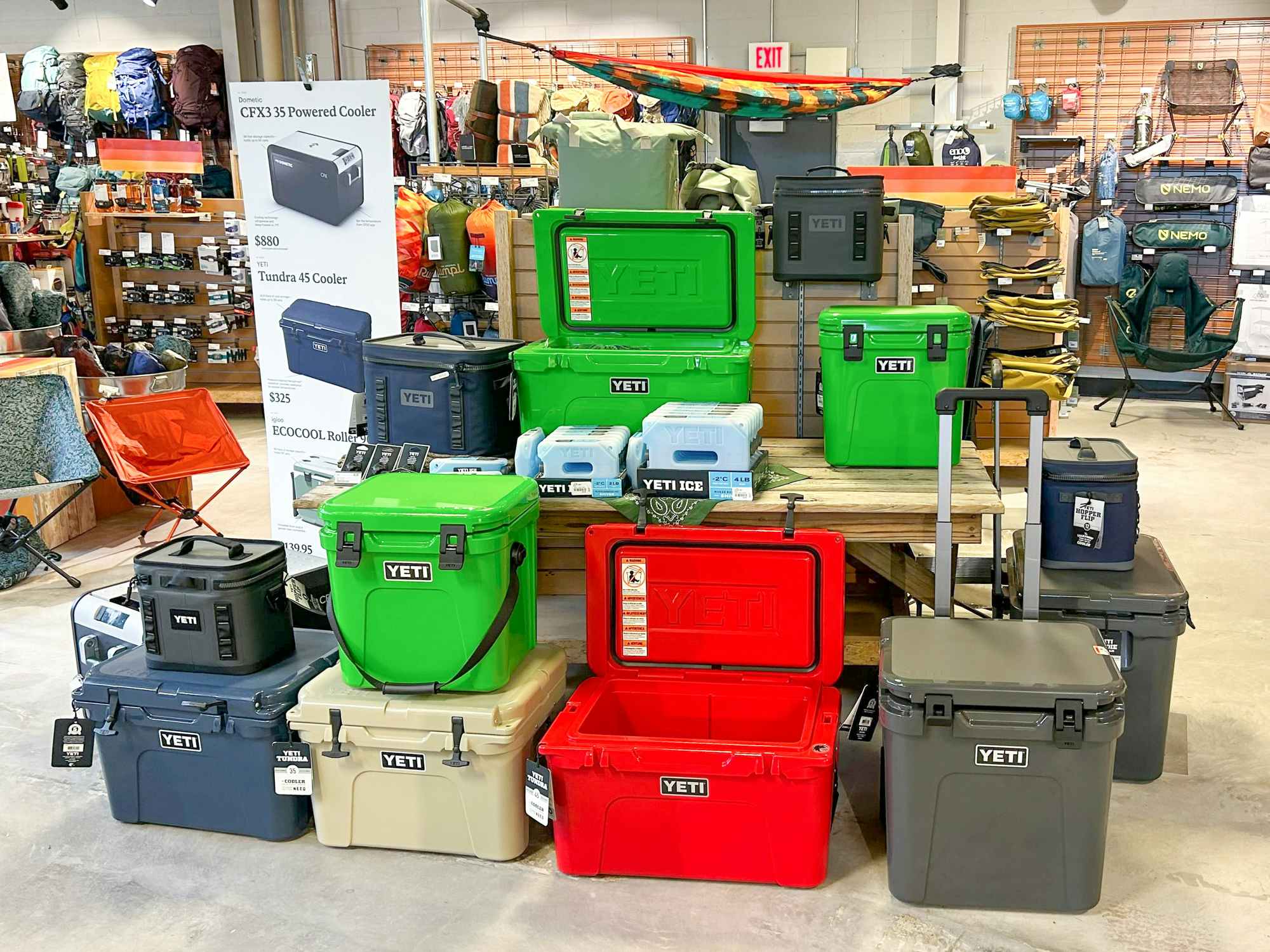 A display of YETI coolers at REI