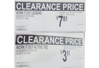 clearance signs for 3.81 tees and 7.81 leggings