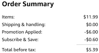 amazon screenshot showing promo code savings and total