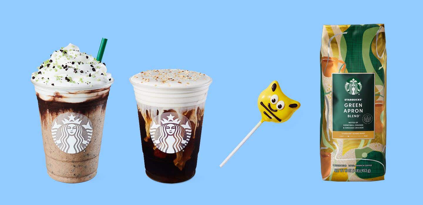 the starbucks summer menu from 2023 includes mint frapp and more. Against a blue background