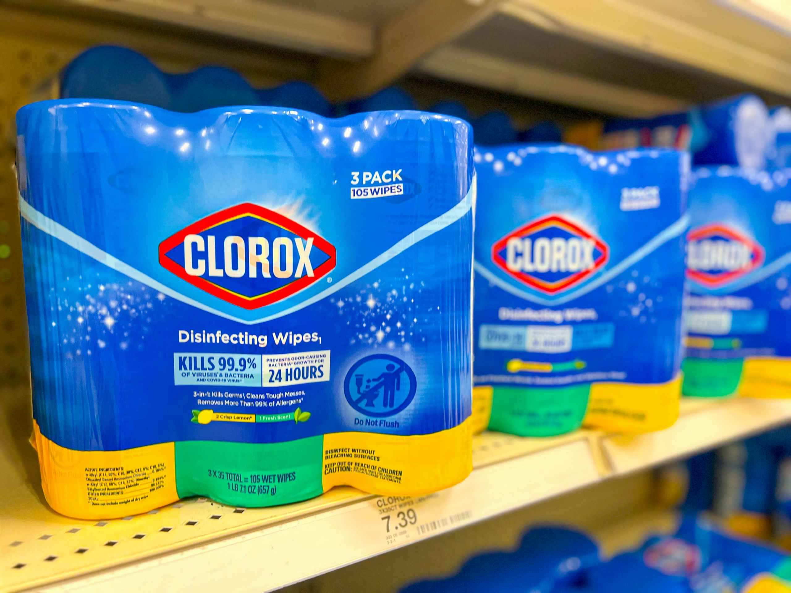 one 3-pack of Clorox disinfecting wipes on shelf