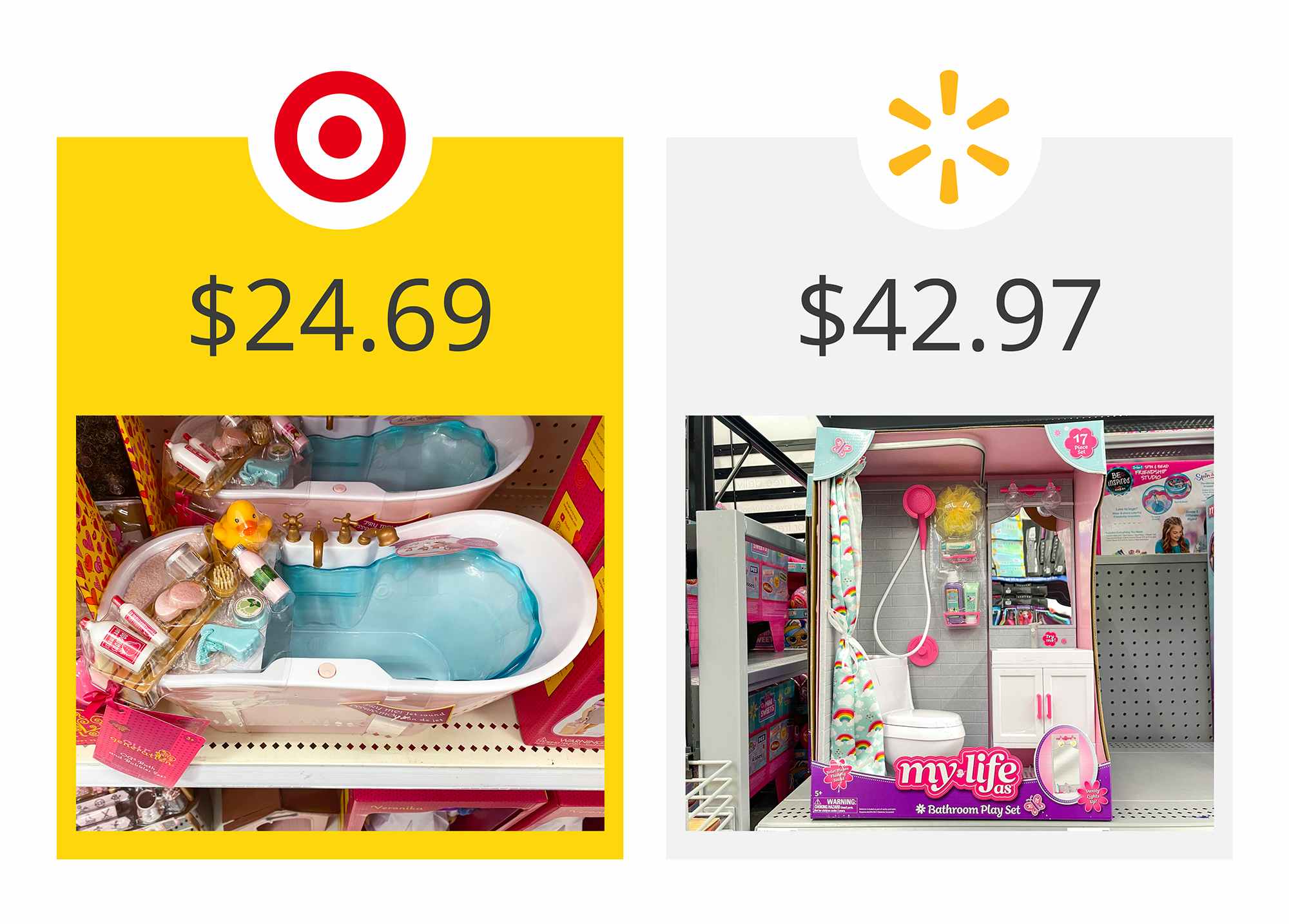target as the winner on a graphic showing price comparison between target's our generation and walmart's my life as doll bathroom sets