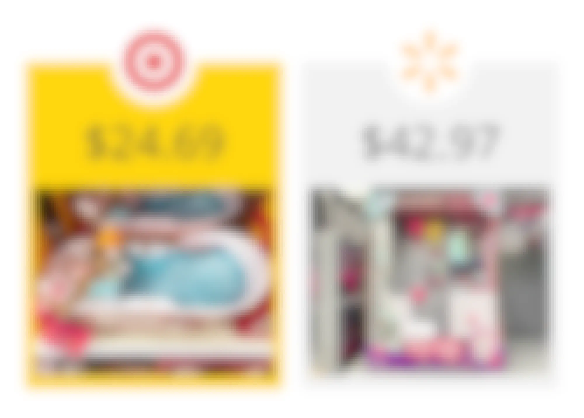 target as the winner on a graphic showing price comparison between target's our generation and walmart's my life as doll bathroom sets