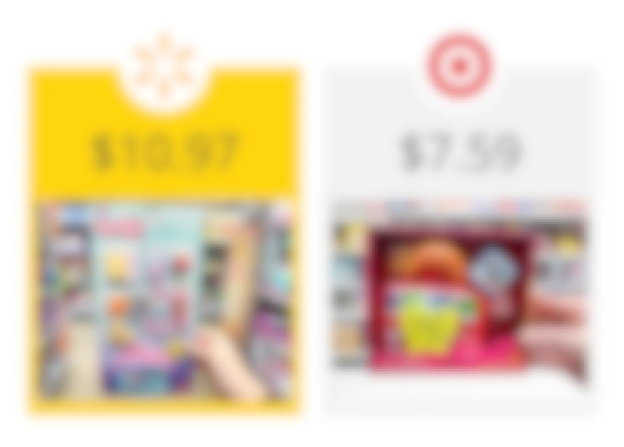 walmart as the winner on a graphic showing price comparison between target's our generation and walmart's my life as doll lunch sets