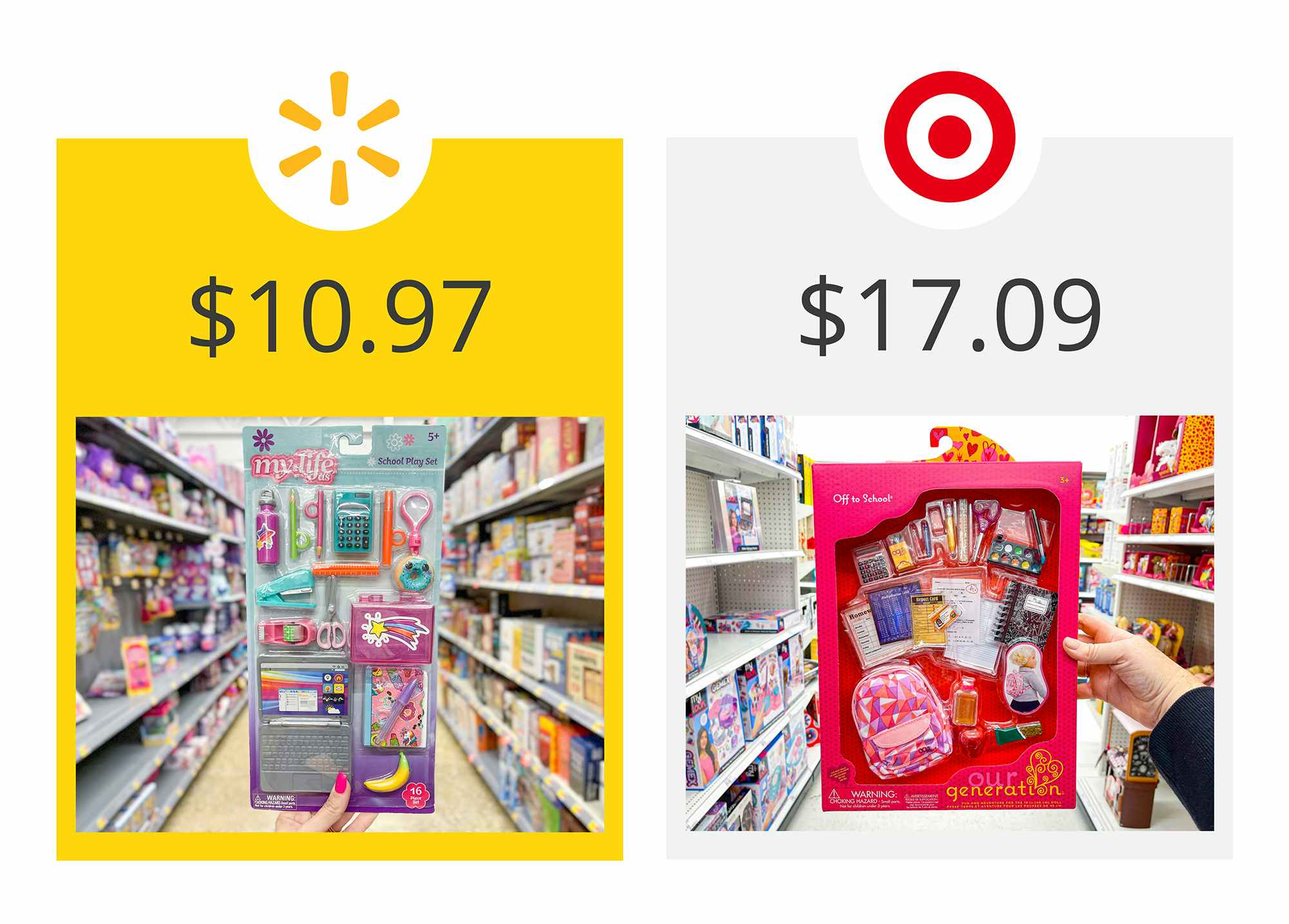 walmart as the winner on a graphic showing price comparison between target's our generation and walmart's my life as doll school supplies
