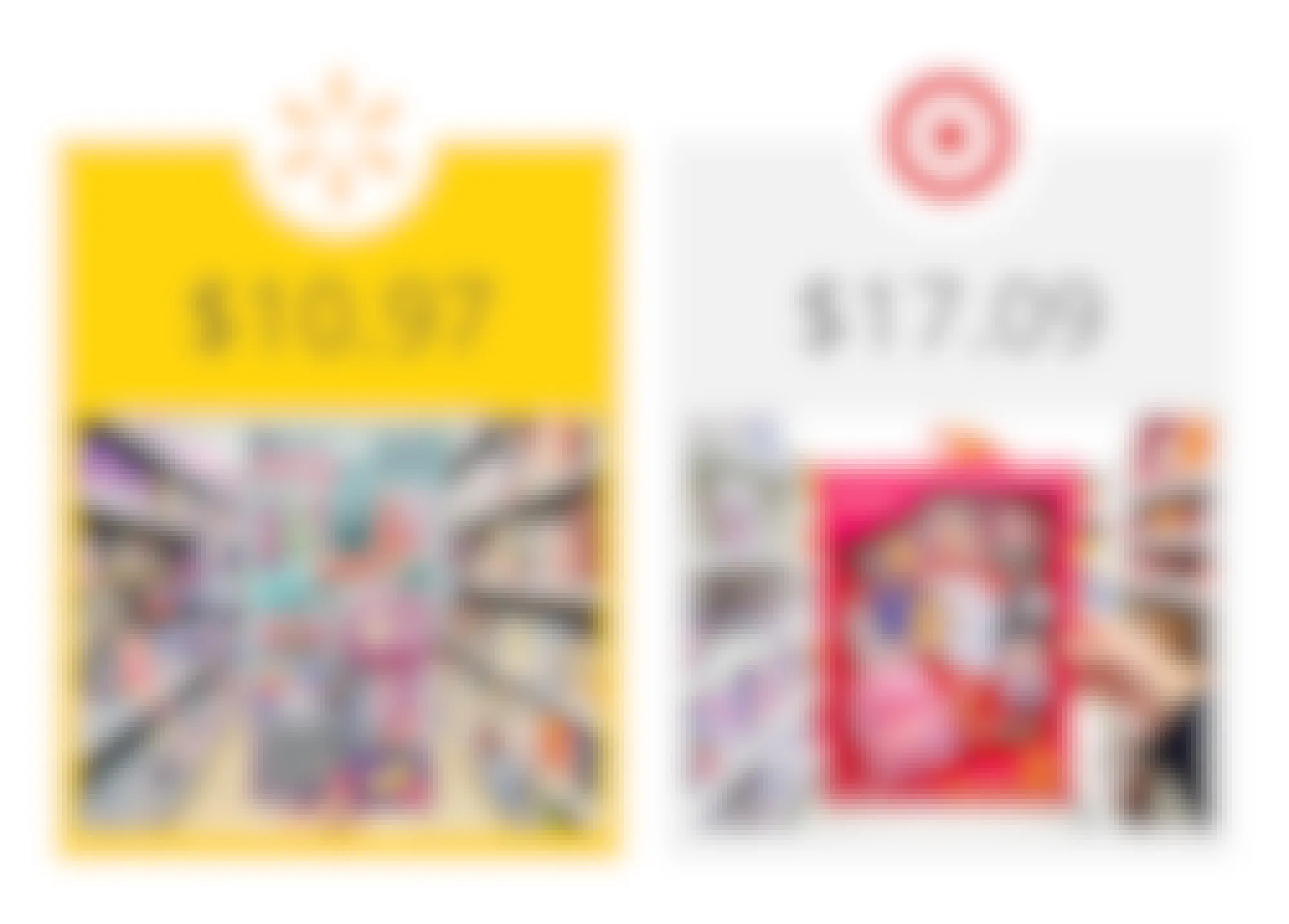 walmart as the winner on a graphic showing price comparison between target's our generation and walmart's my life as doll school supplies