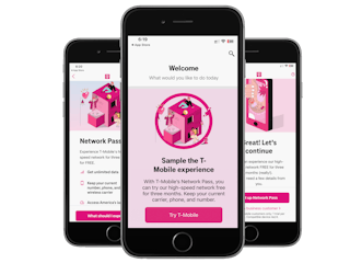 Mockup of three screens that are part of the T-Mobile free trial signup.
