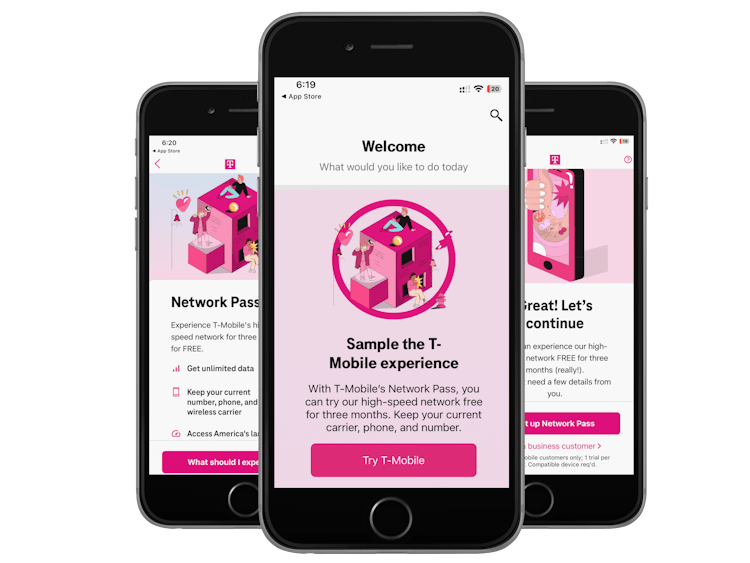 Mockup of three screens that are part of the T-Mobile free trial signup.