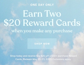 sale sign to earn 2 $20 rewards cards at victorias secret