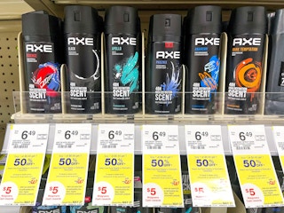 Axe Body sprays stocked at Walgreens with sale tags for Buy One Get One 50% off