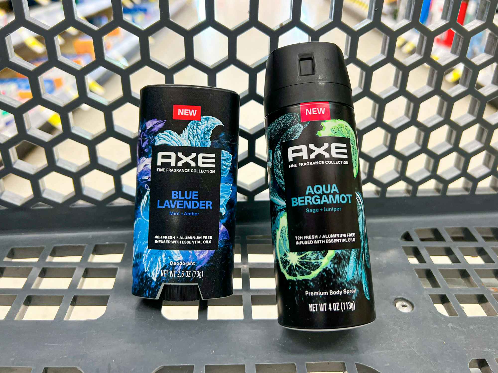 Axe Blue Lavender deodorant stick and Aqua Bergamot body spray in a Walgreens cart