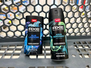 Axe Blue Lavender deodorant stick and Aqua Bergamot body spray in a Walgreens cart