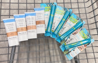 covergirl mascara and BB cream foundation in a walgreens shopping cart