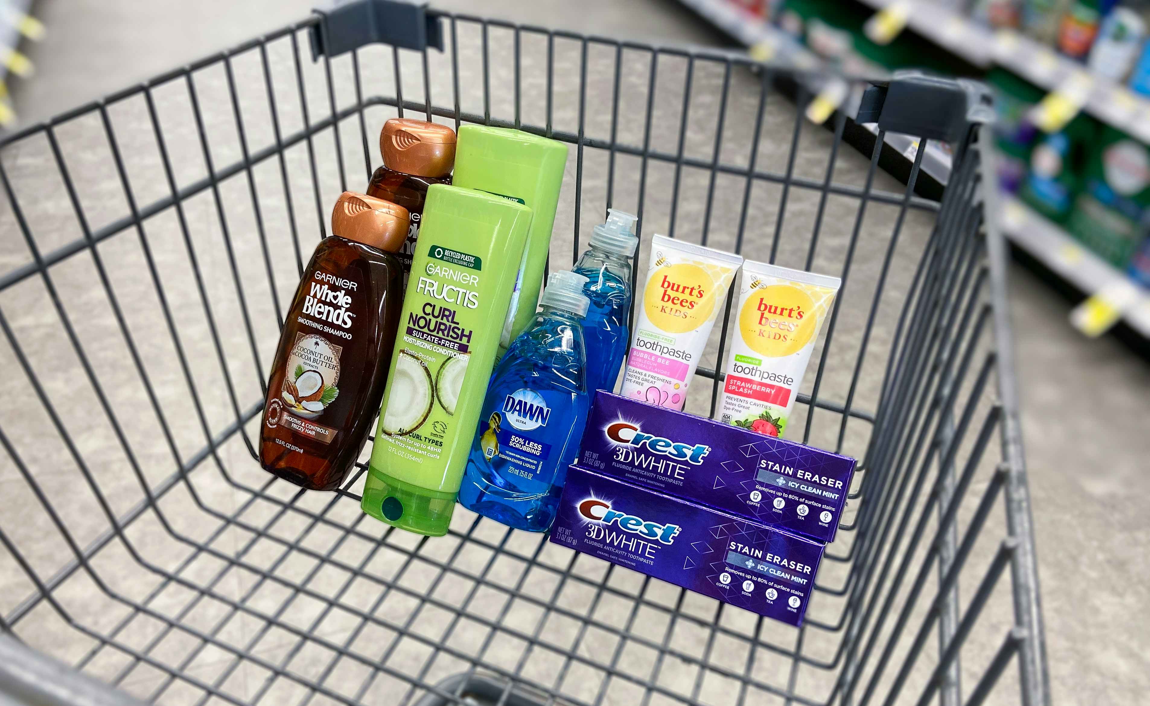 walgreens cart with garnier whole blends and fructis shampoo and conditioner, dawn dish soap, burts bees toothpaste, crest toothpaste