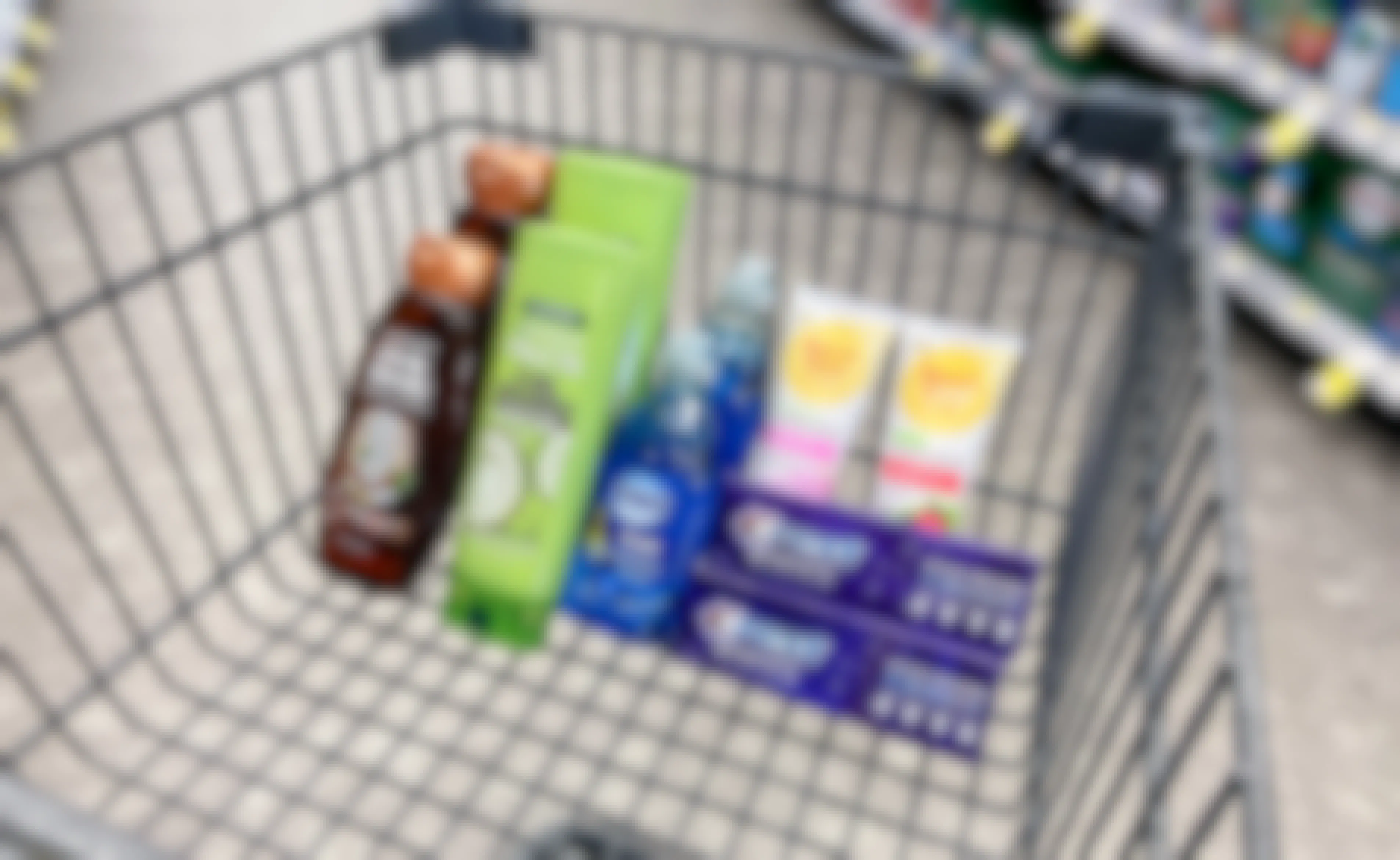 walgreens cart with garnier whole blends and fructis shampoo and conditioner, dawn dish soap, burts bees toothpaste, crest toothpaste