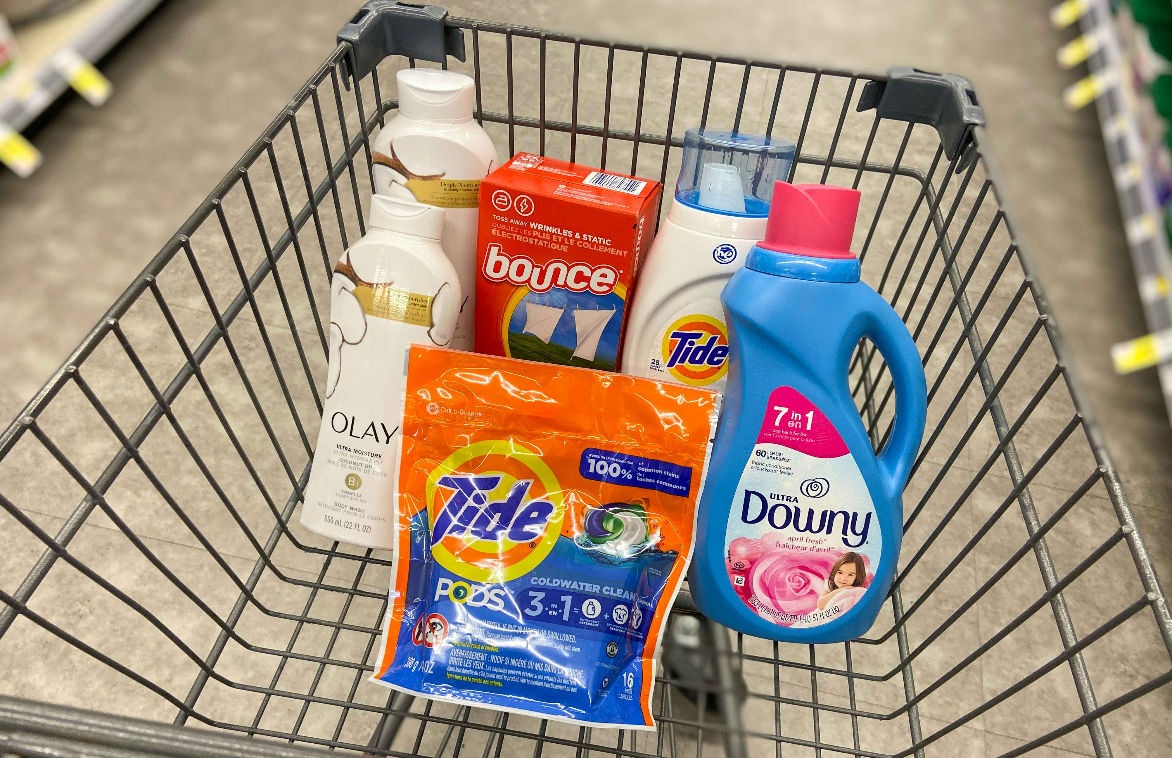 walgreens cart with tide, olay, bounce, and downy