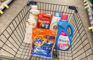 walgreens cart with tide, olay, bounce, and downy