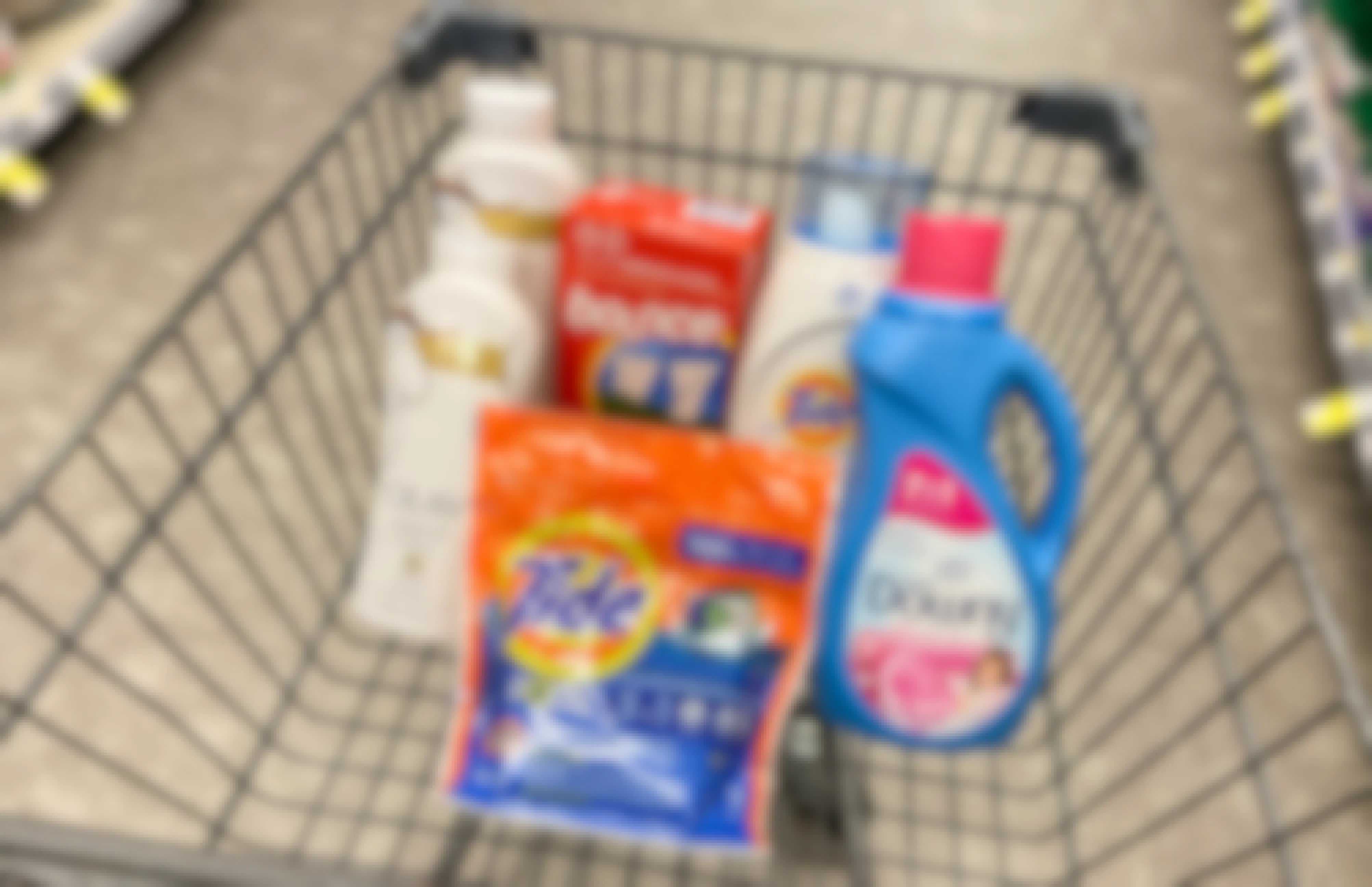 walgreens cart with tide, olay, bounce, and downy