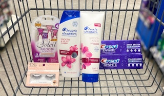 walgreens cart with head & shoulders shampoo, crest toothpaste, bic razors, and ardell false lashes