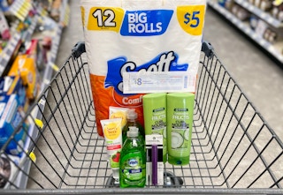 walgreens cash catalina register coupon with a cart full of scott toilet paper, garnier hair care, dawn dish soap, burts bees toothpaste, and covergirl