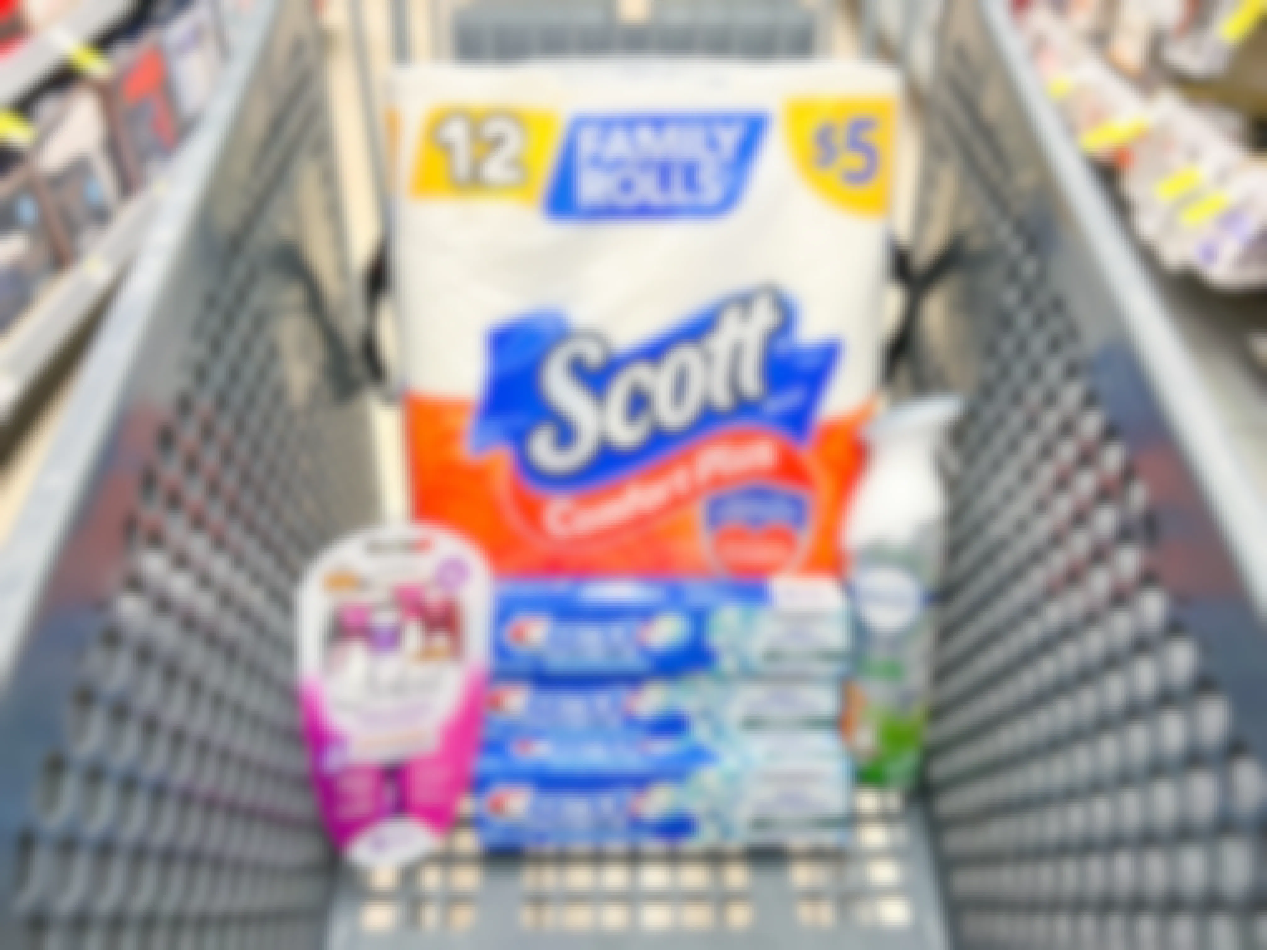 walgreens shopping cart with crest toothpaste, scott toilet paper, febreze, and bic razors