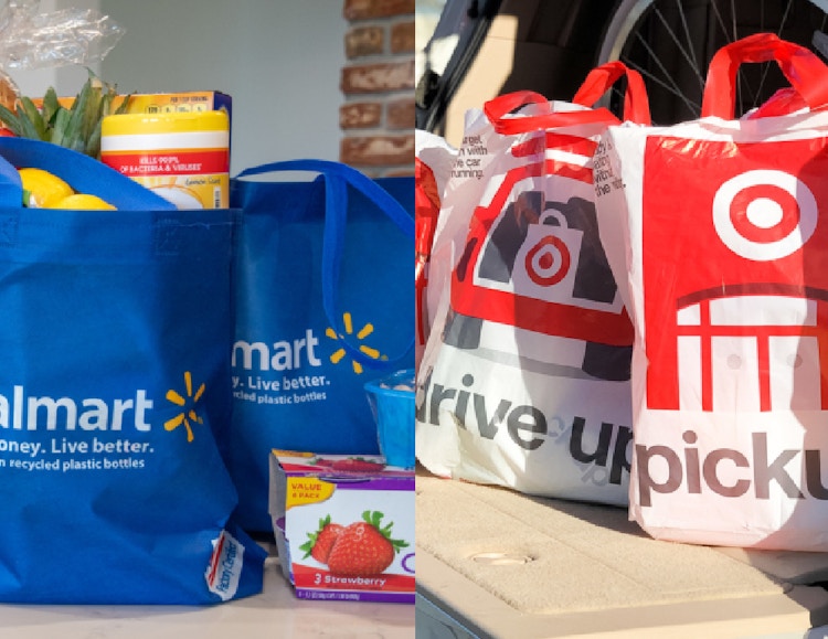 walmart groceries in a walmart bag versus Target groceries in Target bags side by side